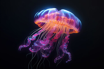 Photo glowing jellyfish swim deep in blue sea. medusa neon jellyfish fantasy in space cosmos among stars