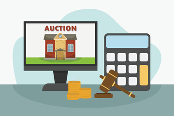 Online house auction with mallet and calculator, flat design illustration