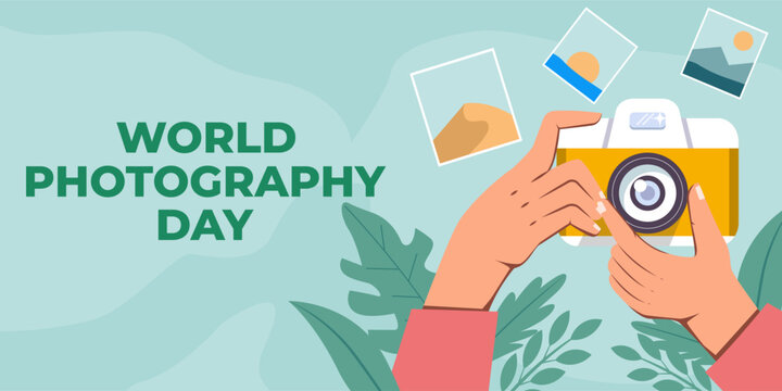 world photography day horizontal banner illustration with hands holding camera