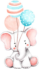 Cute baby elephant boy with blue balloons watercolour