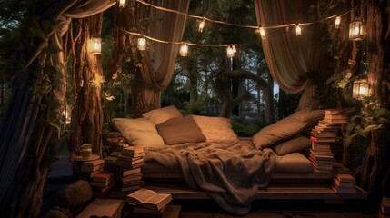 A cozy reading nook with a hammock strung between two trees. Disconnect from technology. Analog offline activities. Unplugging. Take a break from the digital world. Generative AI.