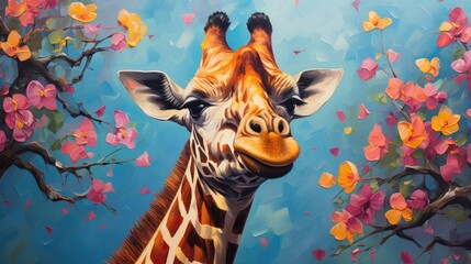 Giraffe with fantasy forest colorful butterflies and flowers background. Generative AI