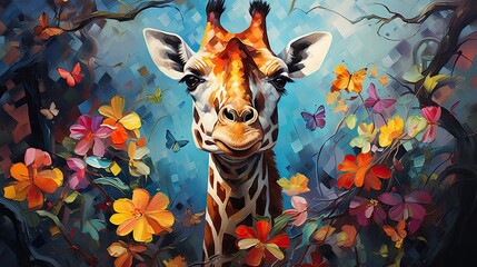 Giraffe with fantasy forest colorful butterflies and flowers background. Generative AI