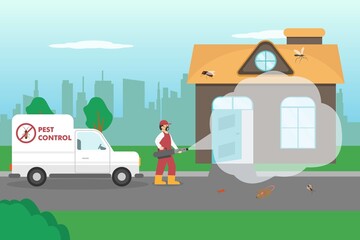 Pest control worker spraying insecticide at house