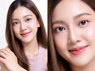 Close up face of beautiful young Asian woman with healthy and perfect skin. Facial and skin care...