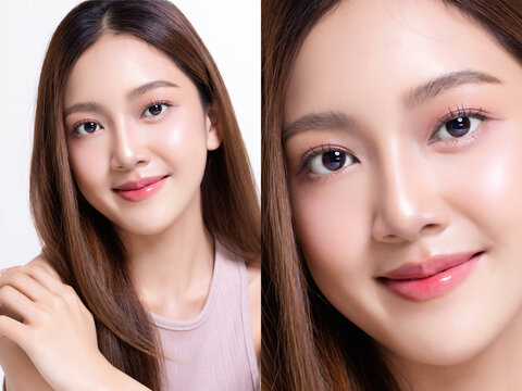 Close up face of beautiful young Asian woman with healthy and perfect skin. Facial and skin care concept for commercial advertising.