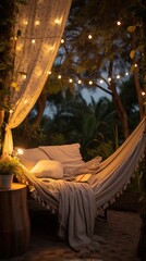 A cozy reading nook with a hammock strung between two trees. Disconnect from technology. Unplugging. Analog offline activities. Taking a break from the digital world. Simple life. Generative AI.