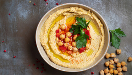 Hummus. Large bowl of homemade hummus garnished with chickpeas, red sweet pepper, parsley and olive oil, flat lay, middle east food