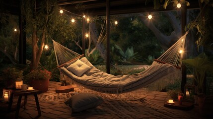 A cozy reading nook with a hammock strung between two trees. Disconnect from technology. Unplugging. Analog offline activities. Taking a break from the digital world. Simple life. Generative AI.