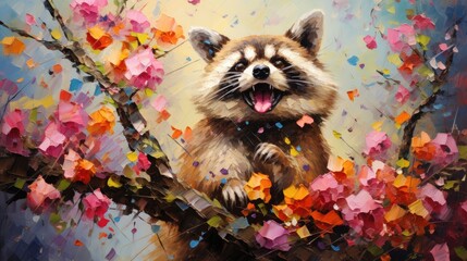 Raccoon with fantasy forest colorful butterflies and flowers background. Generative AI