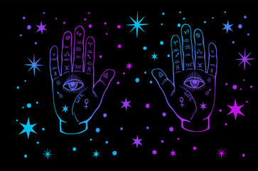 Colourful All-seeing eyes on the palms of the hand. Mystical background. Vector boho illustration for palmist, numerology and astrology.