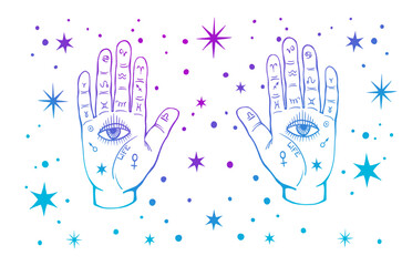 Colourful All-seeing eyes on the palms of the hand. Mystical background. Vector boho illustration for palmist, numerology and astrology.