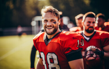 Fototapeta premium Smiling american football players standing together on a sports field outside during a team practice. Generative AI