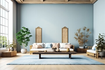 interior room render blue design modern sofa wall home apartment furniture. Generative AI.