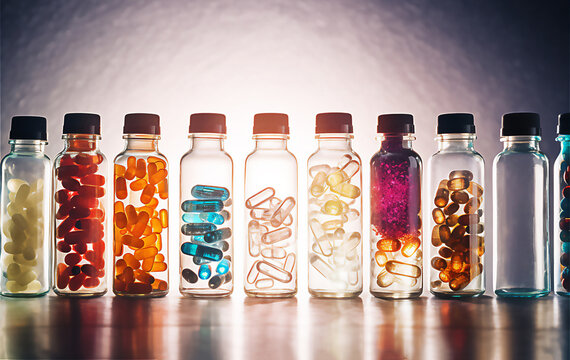 Assorted pharmaceutical medicine pills, tablets and capsules in bottles. Post processed AI generated image