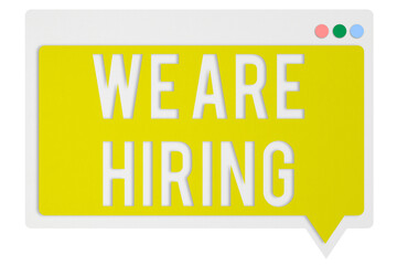 Digital png illustration of digital speech bubble with we are hiring text on transparent background