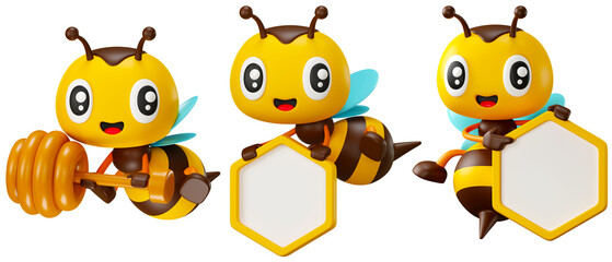 Obraz premium 3D cartoon cute honey bee character set with different poses. Cute Bee holding honeycomb shaped signboard and honey dipper. 3d rendering illustration mascot set.