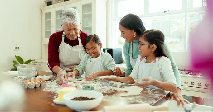 Grandmother, mom and girls in a kitchen, baking and learning with ingredients, quality time and home. Mama, happy granny and female kids with food, bake and cheerful with family, funny and happiness