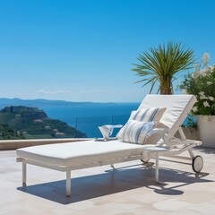 White deck chair on the terrace with a stunning sea view under blue sky on a sunny day generative ai