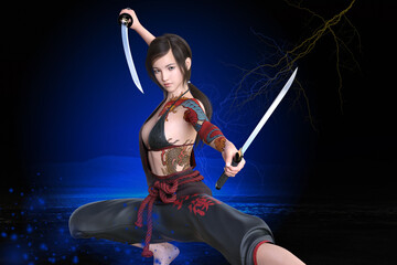Obraz na płótnie Canvas 龍の入れ墨の女剣士が刀を構えて戦う