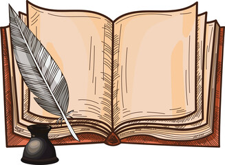 Digital png illustration of book and inkpot on transparent background - obrazy, fototapety, plakaty