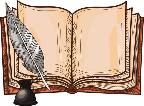 Digital png illustration of book and inkpot on transparent background