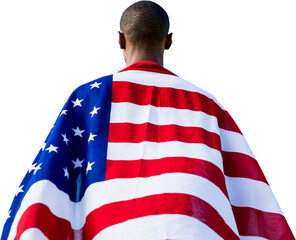 Digital png photo of back of man with flag of united states on transparent background