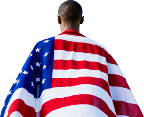 Digital png photo of back of man with flag of united states on transparent background