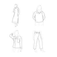 A set of sketches of the outlines of a girl in a fashionable suit standing