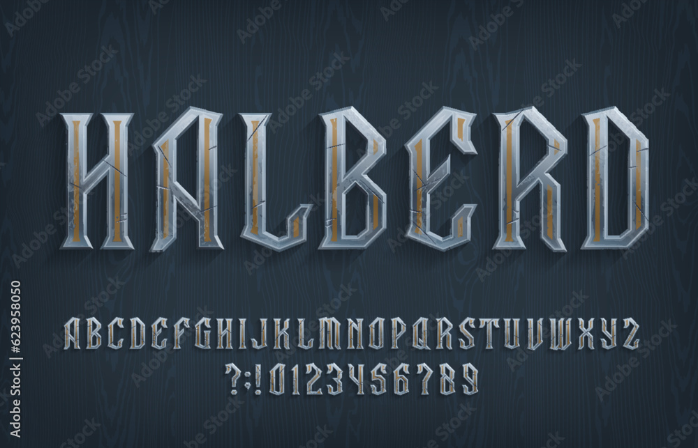 Fototapete halberd alphabet font. chopped metal letters and numbers on a wooden background. stock vector typesc