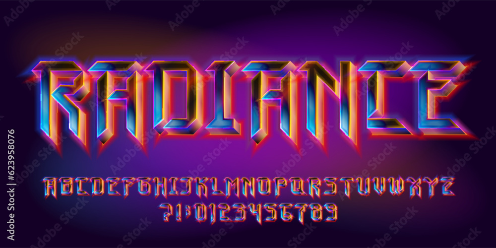 Fototapete radiance alphabet font. glowing 3d letters and numbers in heavy metal style. retro typescript for yo