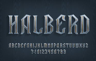 Halberd alphabet font. Chopped metal letters and numbers on a wooden background. Stock vector typescript for your typography design.