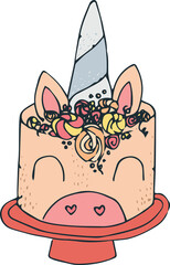 Digital png illustration of smiling unicorn birthday cake on transparent background