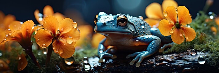 Blue frog in the orange flower with rainy day. Banner and wallpaper. Generative AI