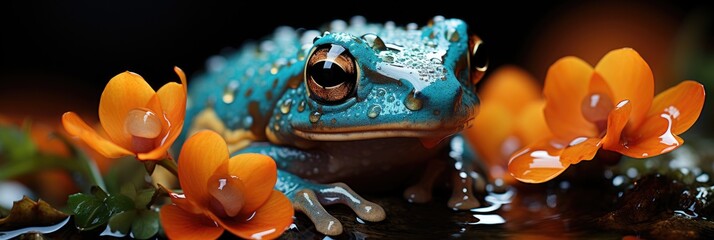 Blue frog in the orange flower with rainy day. Banner and wallpaper. Generative AI