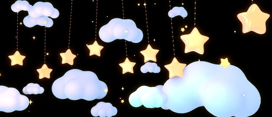 3d rendered cartoon hanging stars and clouds in the dark sky.