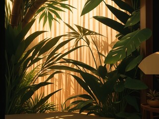 Plants on the foreground with warm brown wooden panel wall as the backdrop