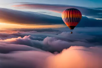 Fotobehang A hot air balloon flying over a sea of ​​clouds. Stunning collection of white clouds from above with sunlight over the horizon © Agry