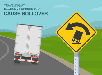 Safe driving tips and traffic regulation rules. Traveling at excessive speed may cause rollover sign. Back view of a truck on turning road. Flat vector illustration template.