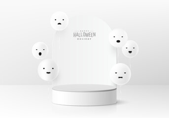 Happy halloween 3D abstract background. White cylinder podium with halloween balloon spooky face. Wall minimal scene mockup product display. Geometric platforms. Stage showcase. 3D Vector rendering.