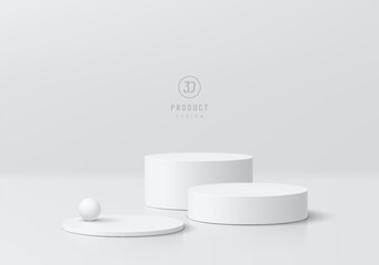Abstract 3D background. set of realistic white and gray level cylinder pedestal podium. Wall minimal mockup cosmetic product display. Geometric platforms. Round stage showcase. Vector 3D rendering.