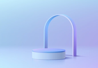 3D blue background. Realistic white and blue hologram cylinder pedestal podium with arch shape wall scene. Minimal mockup empty product display. Abstract vector 3D rendering. Round stage for showcase.