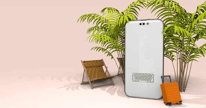 3D animated video of summer vacation on the beach with mobile phones and there are chairs and suitcases and arap map location with a beautiful and beautiful white sand background