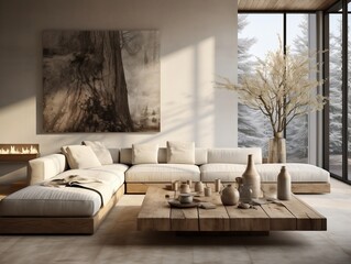 The minimalist interior design of the modern living room with rustic accent pieces generative ai