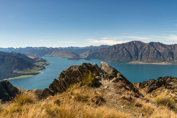 Looking down over Lake Hawea from near the summit of the  Isthmus peak hiking track near the Neck
