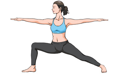 Obraz premium ヨガ_戦士のポーズⅡ・ヴィーラバッドラーサナⅡをする若い女性