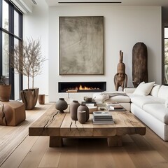 The minimalist interior design of the modern living room with rustic accent pieces generative ai