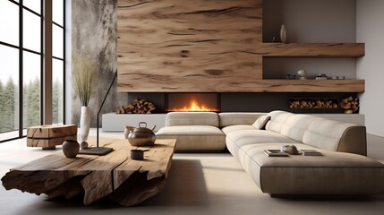 Fototapeta premium The minimalist interior design of the modern living room with rustic accent pieces generative ai