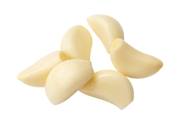 Peeled garlic cloves in stack isolated on white background with clipping path in png file format