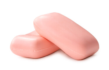 Two dry pink soap bars in stack isolated on white background with clipping path and shadow in png file format